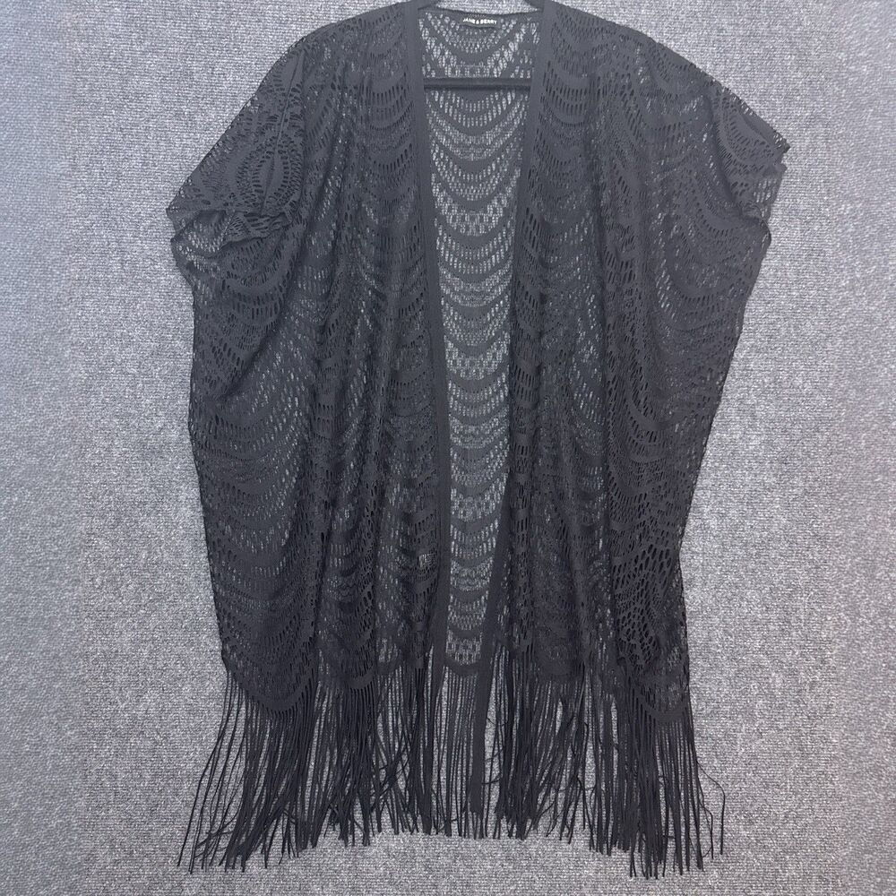 Jane & Berry Lace Kimono Cover Up Black Fringe Womens OS